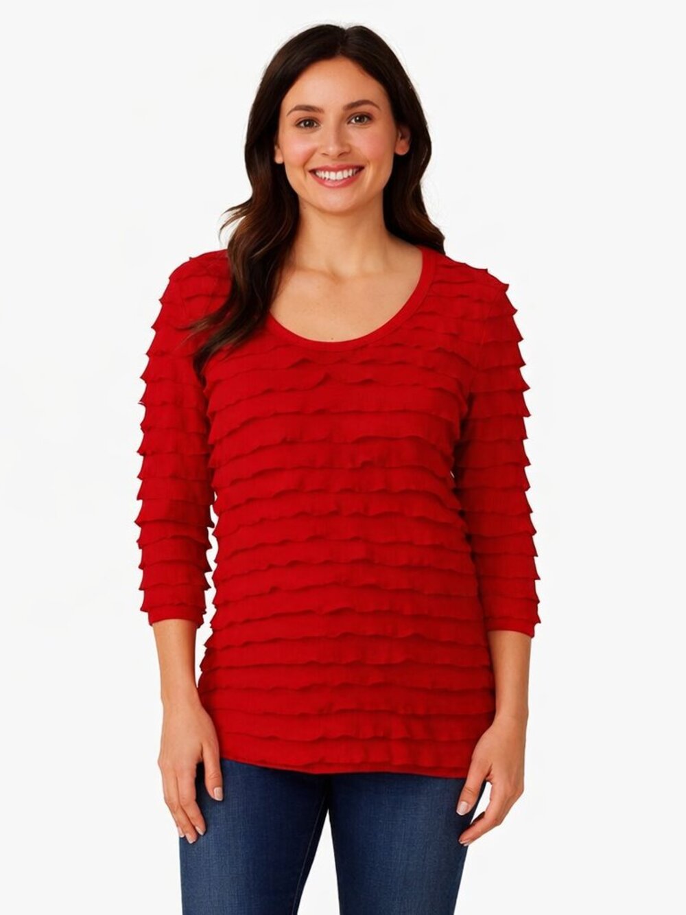 Travel Elements Red Ruffled 3/4 Sleeve Top | Size Medium